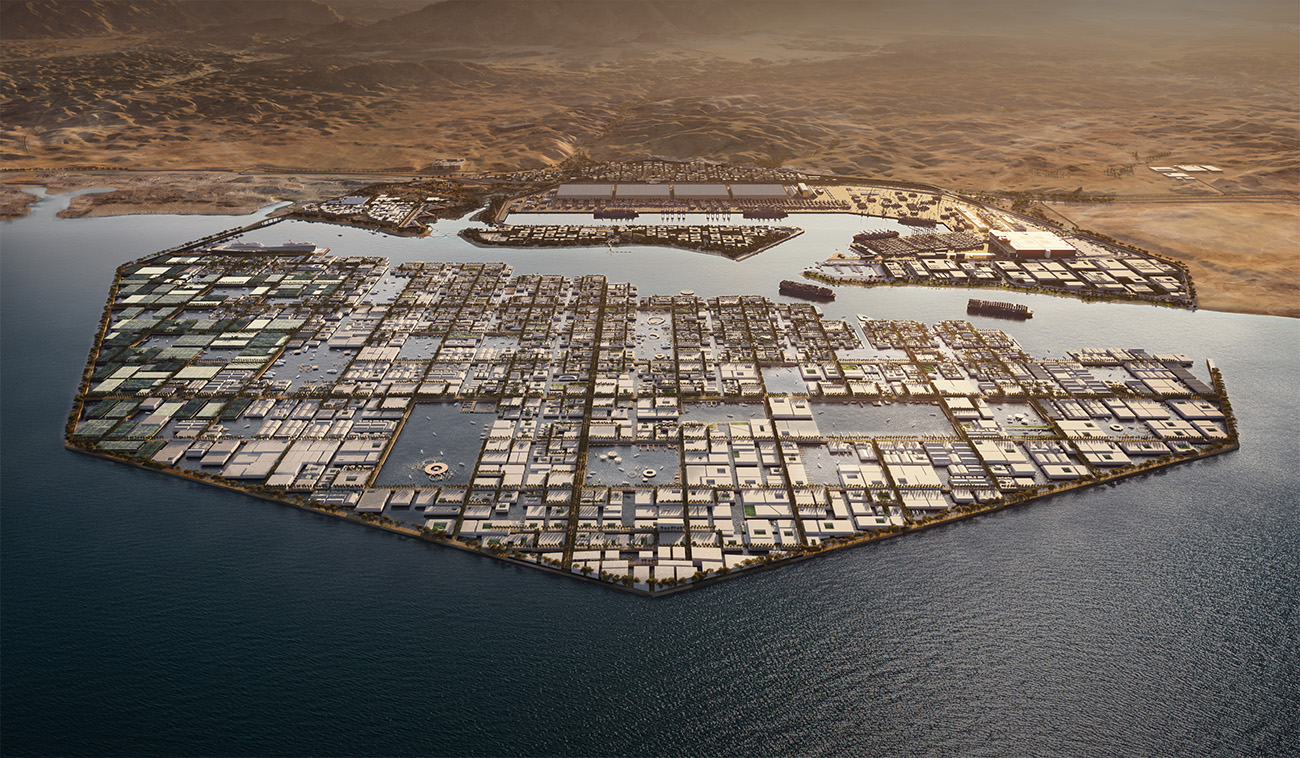 Aerial view of Oxagon: A reimagined industrial city in NEOM