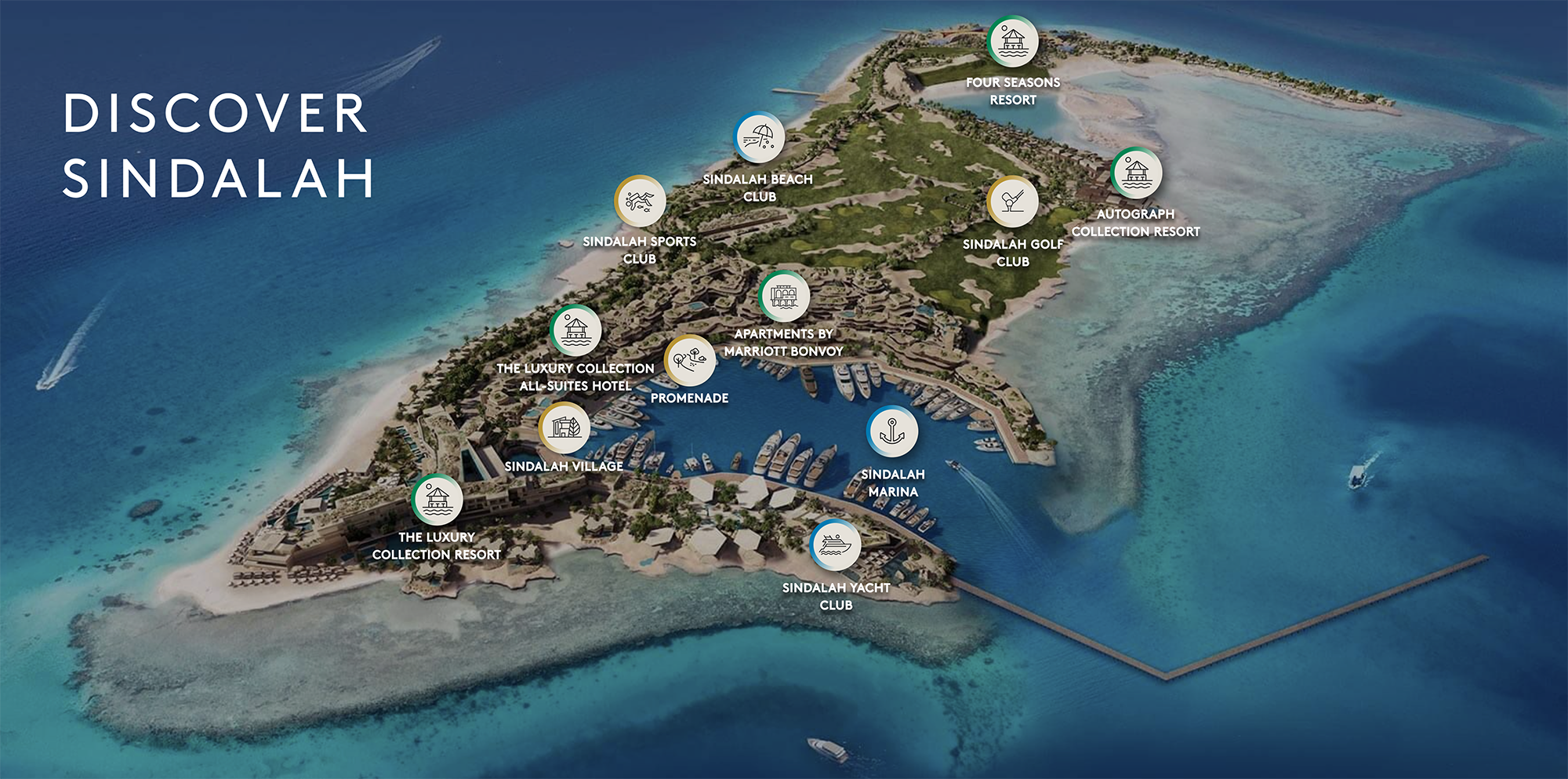 A map of Sindalah Island, a luxury island destination in the Red Sea, showing various amenities