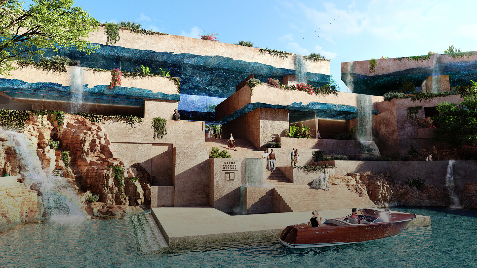 A futuristic ultra-luxury resort with a cascading waterfall and a small boat on the water in the foreground